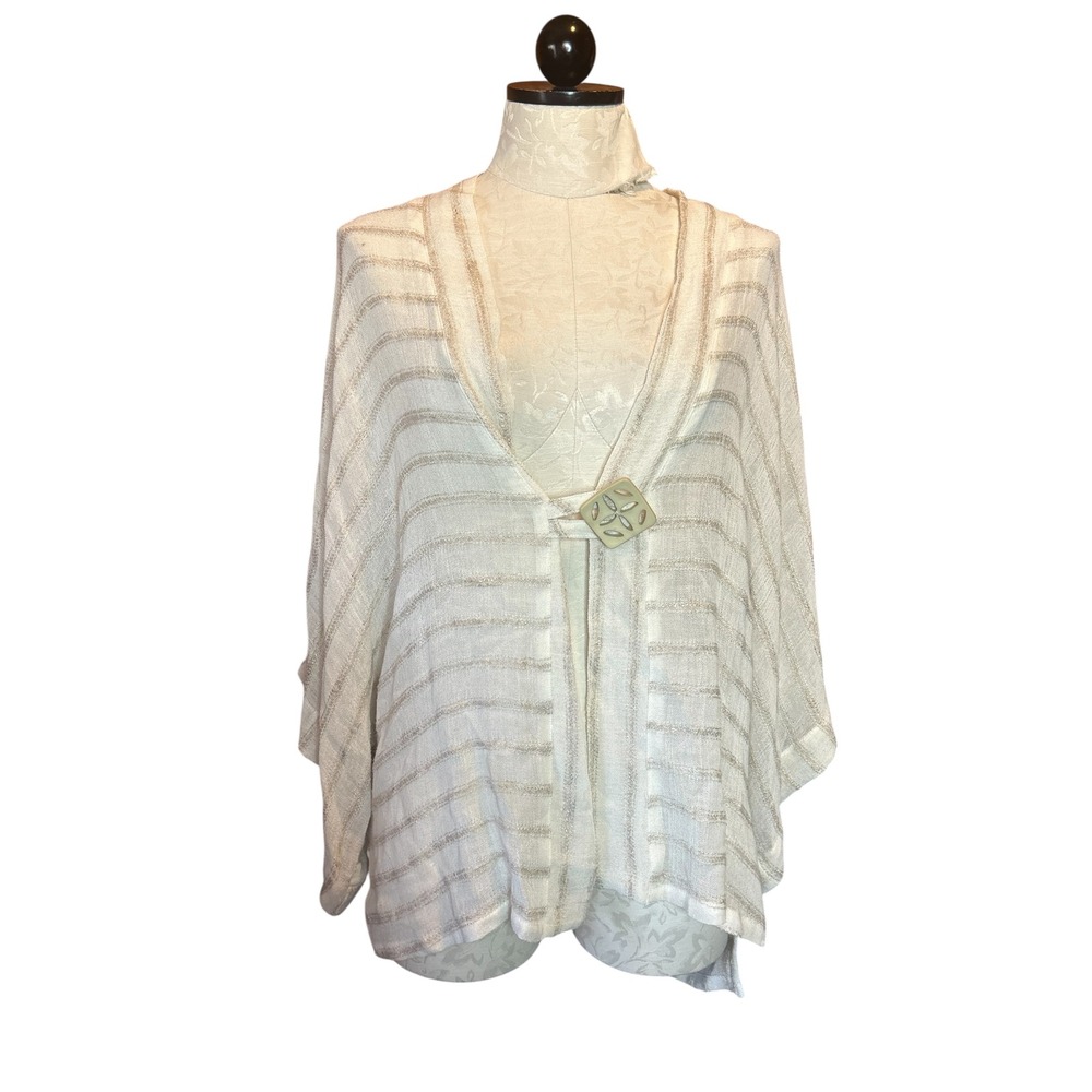 IC By Connie‎ K White Gold USA Striped Open Knit Wrap Cardigan Linen Blend L